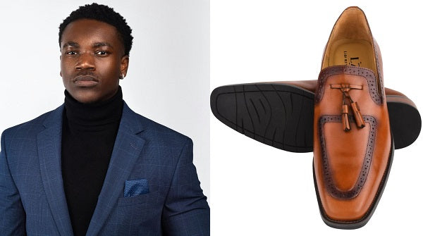 Dark Brown Loafers with a Blue Suit