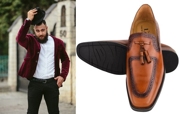 Modern Burgundy Suit and Brown leather loafer shoes For Prom Night