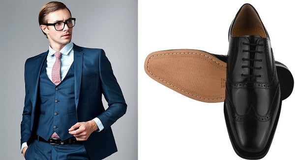 Three-Piece Blue Suit and black brogue shoes For Prom Party