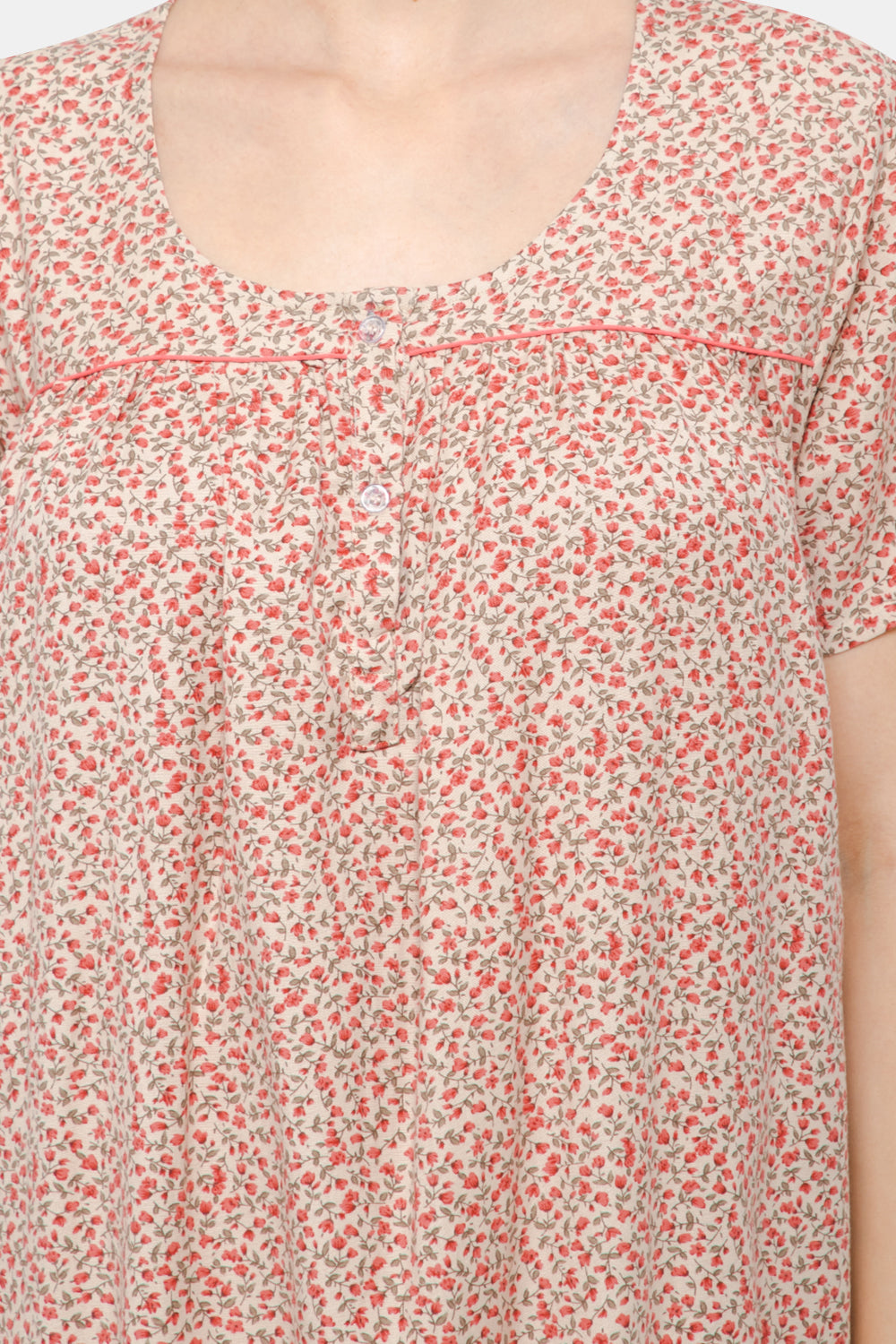 Naiduhall Round Neck Short Sleeve Front Open Nighty with Floral Print - Pink NT11