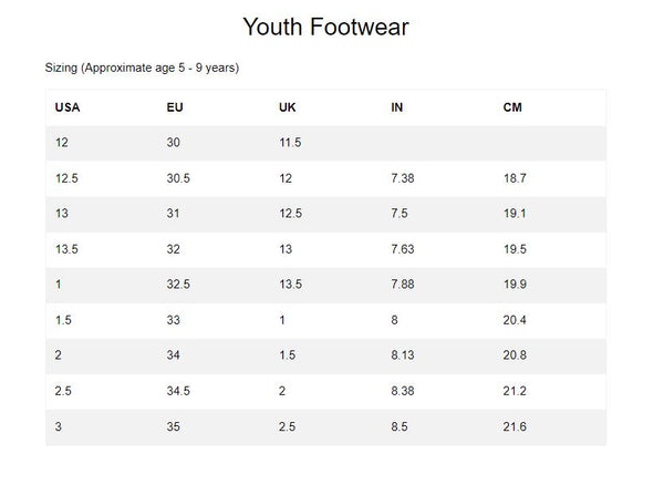 Footwear Size Chart – Sporty Pro