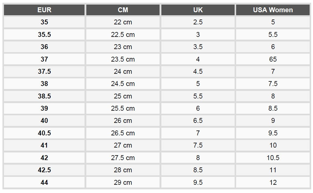 Reebok Size Chart – Sporty Pro