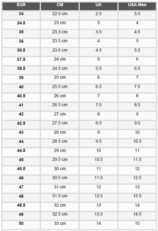 Reebok Size Chart Sporty Pro