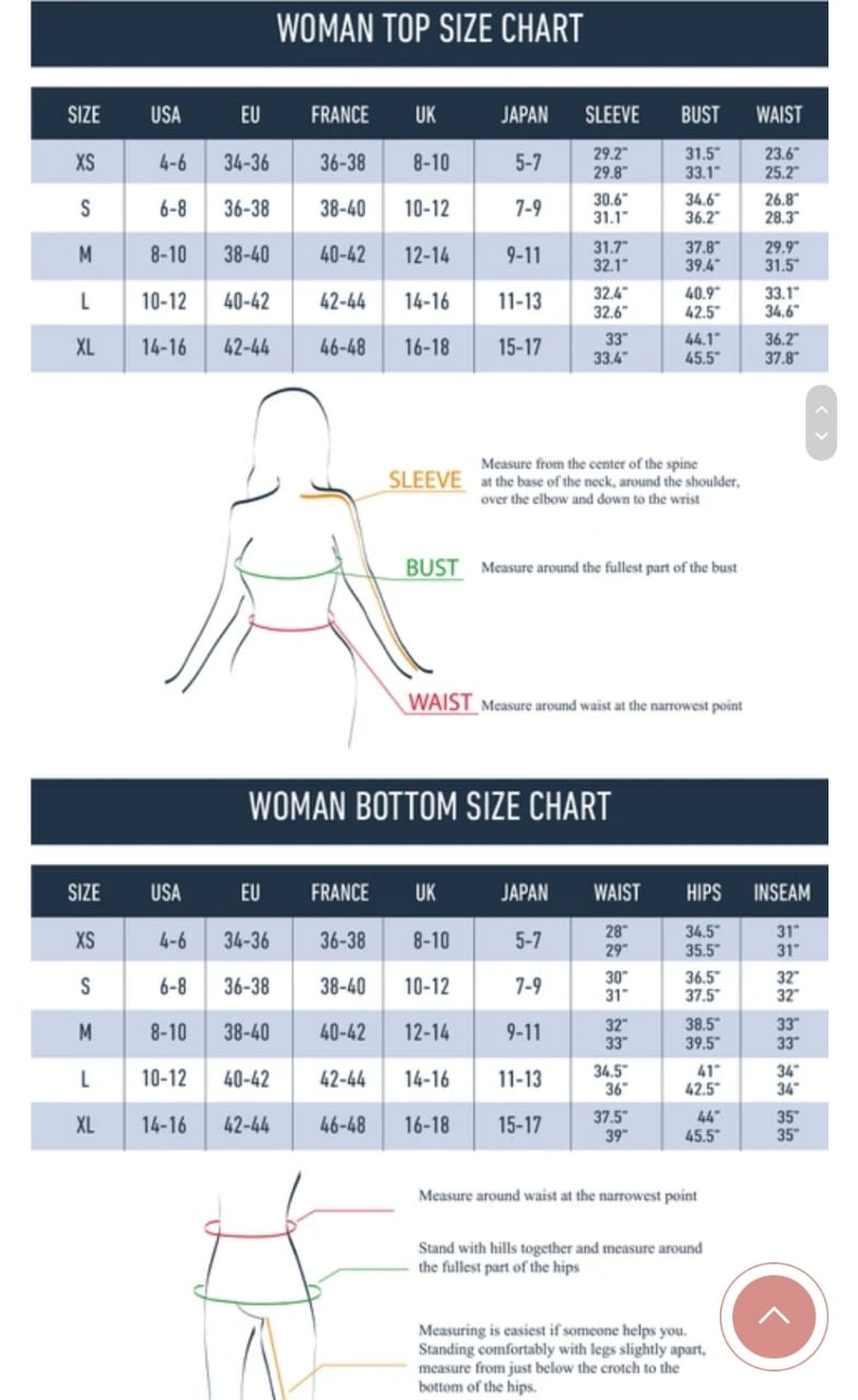 Aqua Belle Size Chart Sporty Pro