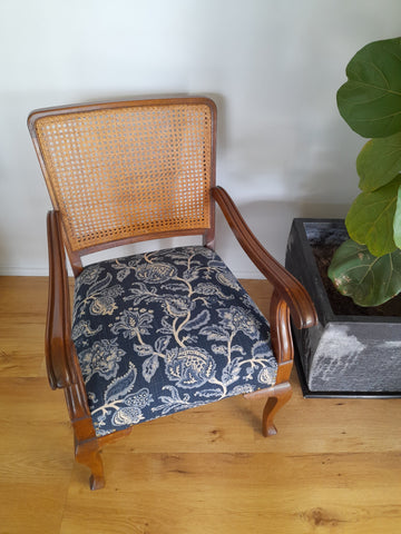 Timber & rattan armchair professionally rebuilt & reupholstered by Toowoomba Upholsterer Luxe & Humble