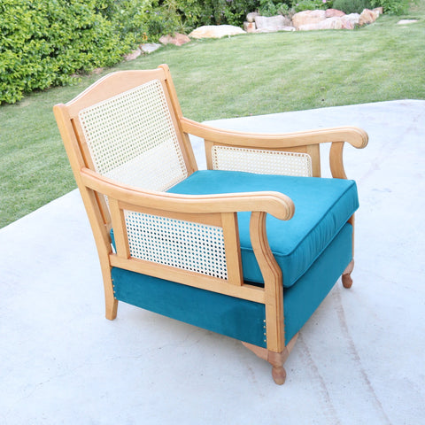 Timber & Rattan armchair after complete timber restoration, replacement of all rattan and the addition of all new upholstery. Restoration completed by Luxe & Humble.