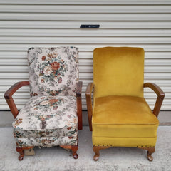 Before photo of 2 Club Chairs that underwent both timber restoration and reupholstery with Toowoomba upholsterer Luxe & Humble