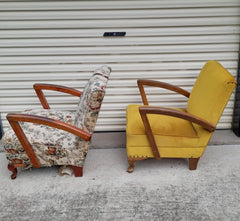 Before photo of 2 Club Chairs that underwent both timber restoration and reupholstery with Toowoomba upholsterer Luxe & Humble