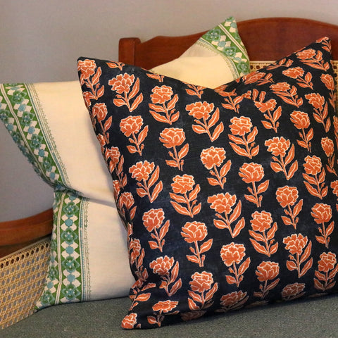 2 bespoke cushions made to order in a Schumacher & an Anna Spiro (Marigold in Pumpkin & Navy) Fabrics.