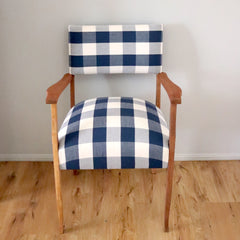 After Photo: Little timber armchair upholstered in navy blue gingham after having a complete timber & upholstery restoration completed by Luxe & Humble Toowoomba