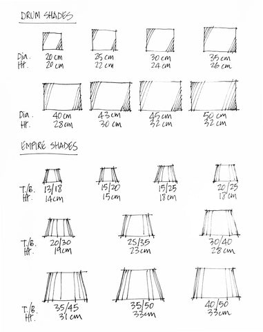 Diagram of standard sizing of Luxe & Humble's custom drum and bespoke empire lampshades