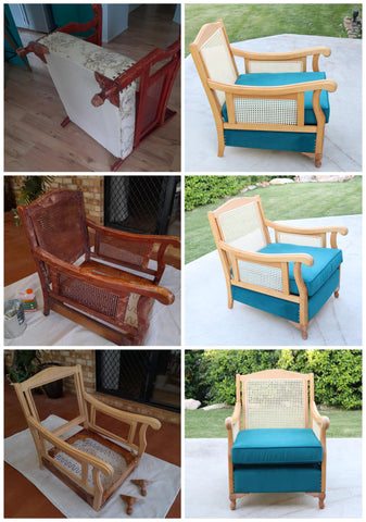 1 x before, 2 x during & 3 x after photos of Timber & Rattan Armchair which had a complete timber & upholstery restoration completed by Luxe & Humble in Toowoomba