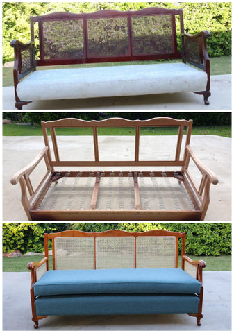 Top Image: Before restoration photo. Middle Image: During Restoration photo (completely stripped). Bottom Image: After Photo - once complete timber, rattan and upholstery restoration had been completed by Luxe & Humble, Toowoomba Upholsterers.