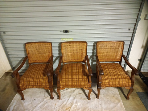 Photo before Luxe & Humble Toowoomba Upholsterer, reupholster three timber & rattan armchairs