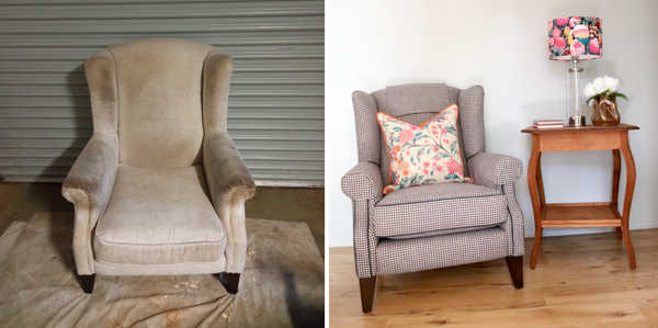 Before & After Photo by Toowoomba Upholsterer Luxe & Humble of a reupholstered Wingback. Wingback styled with custom cushion & lampshade in after photo.