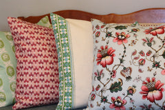4 bespoke cushions made in Nine Muses by Tigger Hall, Schumacher & Stoke Lane Textiles designer fabrics.