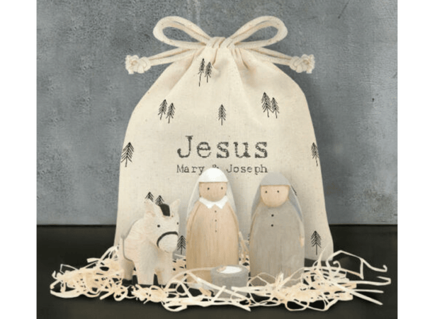 HAND MADE WOODEN JESUS BAG SET MARY & JOSEPH FIGURES