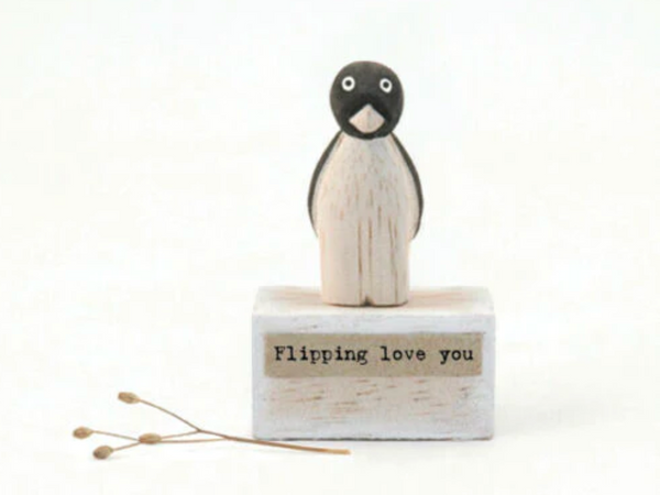 PENGUIN FLIPPING LOVES YOU WOODEN BLOCK EAST OF INDIA