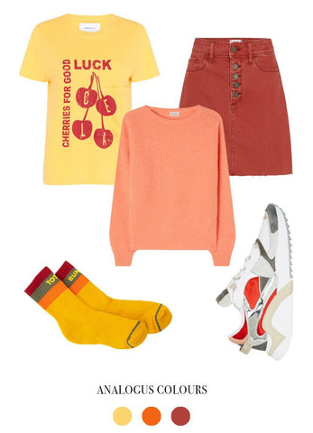 A collection of clothing items showing how to create an Analgous Colour based outfited 