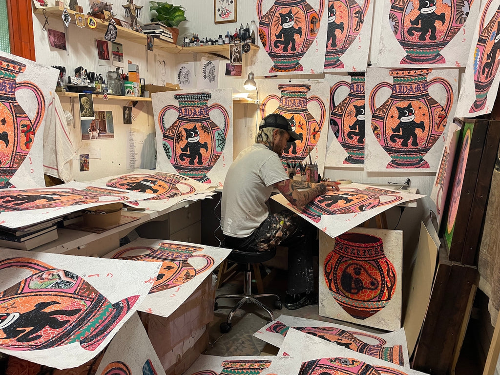 Artist Julien Jaca working in his studio