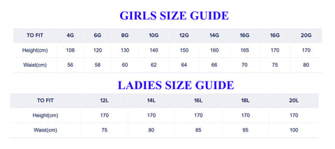 Girls & Ladies size guide