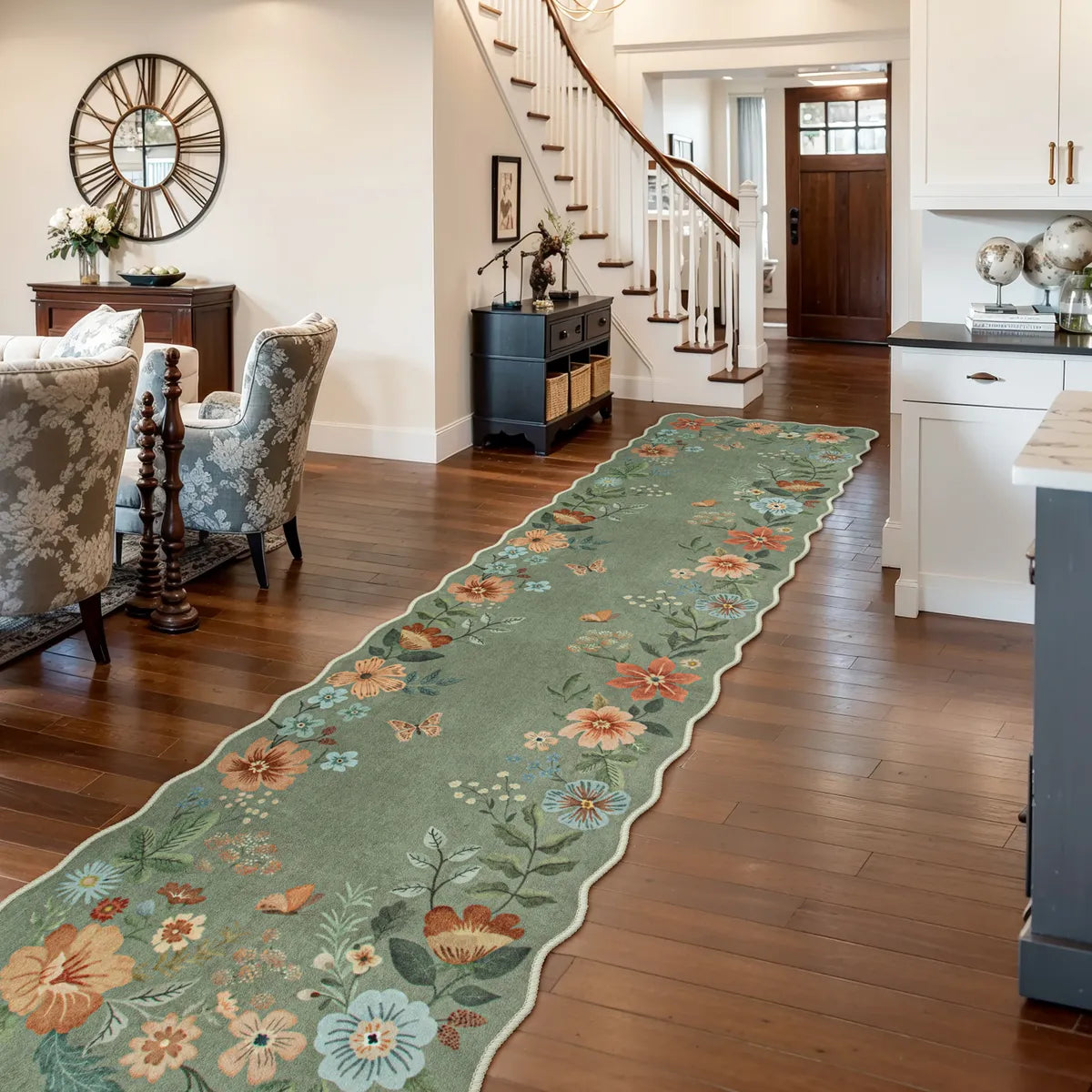 Flore Boho Modern Parisian Floral Green Area Rug - 2.5' x 10'