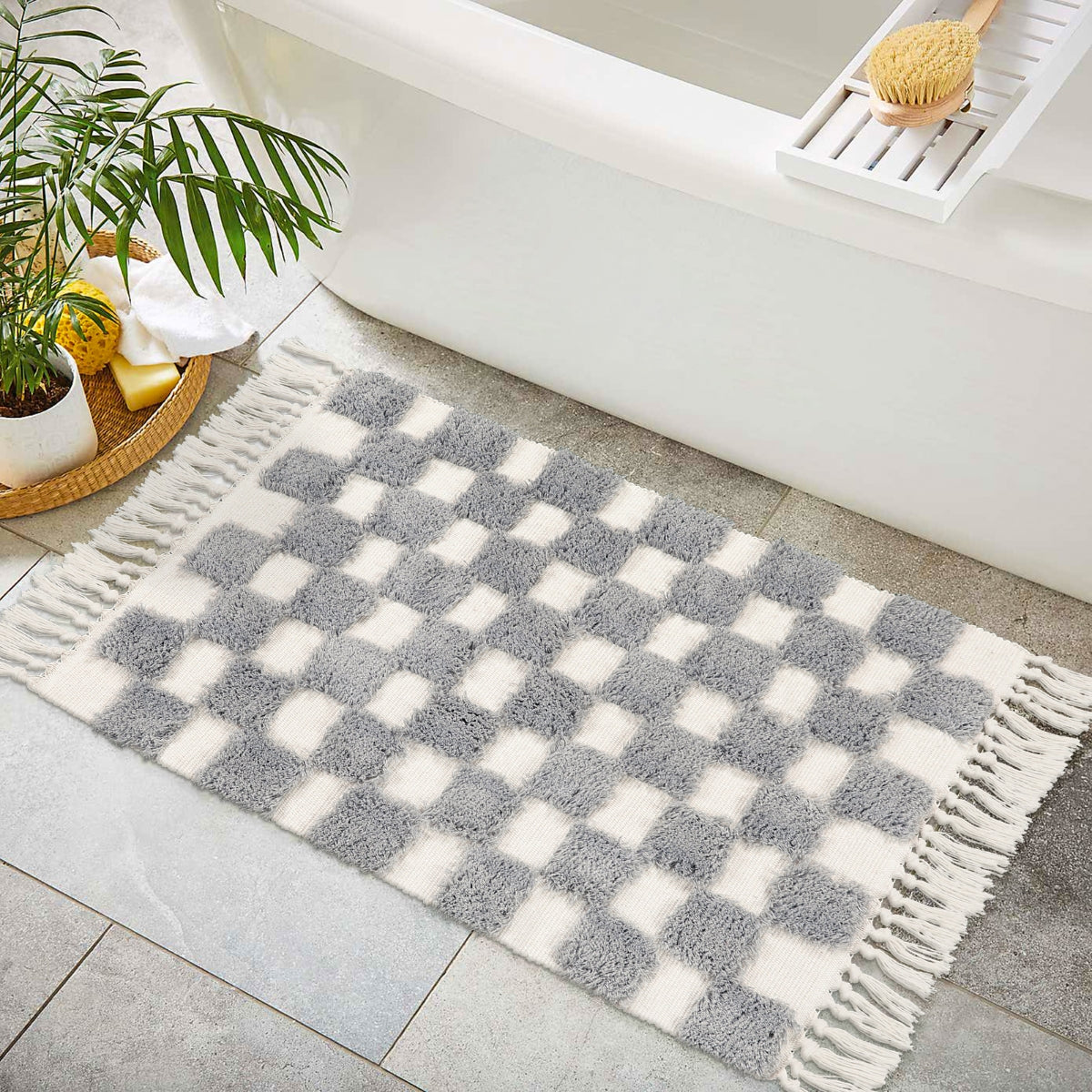 Washable Breathable Boho Checkered Beige Tufted Cotton Rug | Lahome