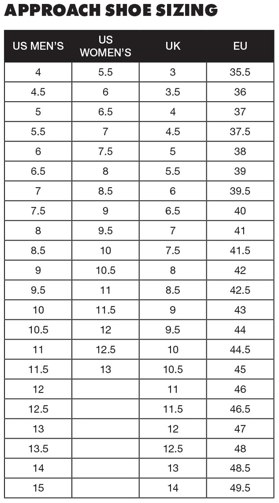 Approach Shoes Size Chart – Black Diamond Australia