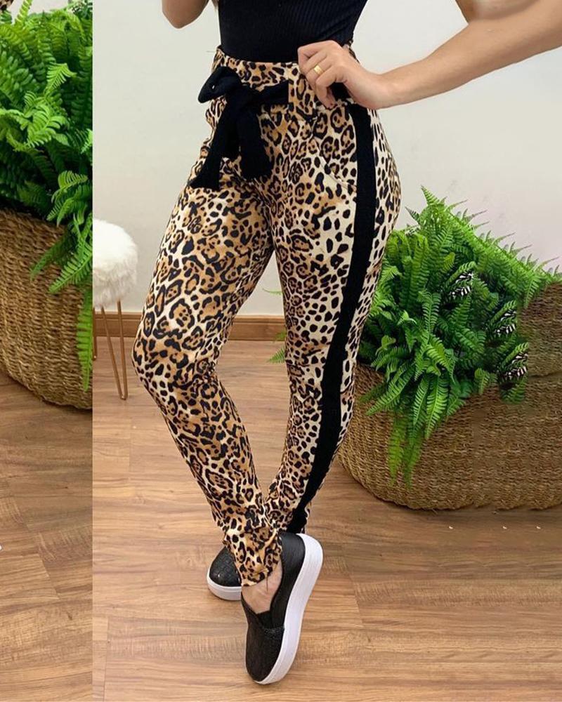 Striped Cheetah Print Tied Detail Skinny Pants