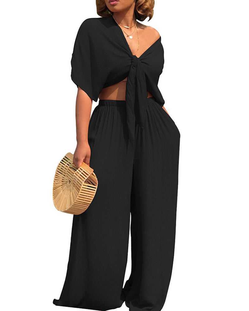 Short Sleeve Knotted Top & Wide Leg Pants Set