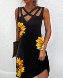 Sunflower Print Crisscross Design Casual Dress