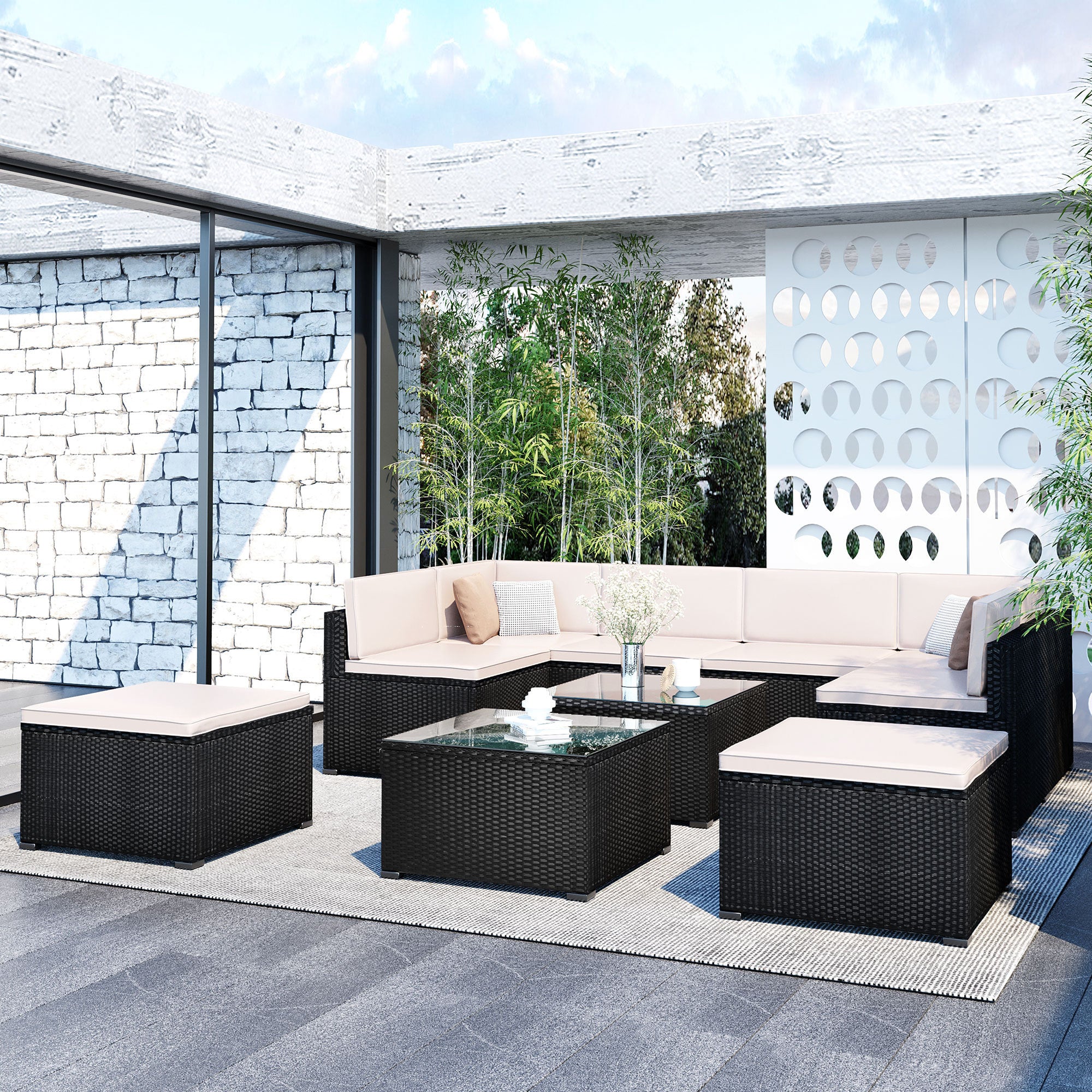 GFD Home - GO 10-Piece Patio Rattan PE Wicker Furniture Corner Sofa Set, with 4 Sofa chairs, 2 Corner chair, 2 ottoman and 2 glass coffee table, Sectional Sofa Chair, Seating, Lying(Black Wicker, Beige Cushion)