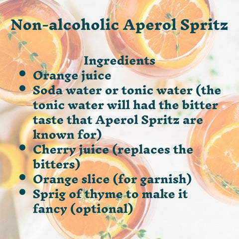 an image of an aperol spritz with text written over it with ingredients of a non-alcoholic aperol spritz
