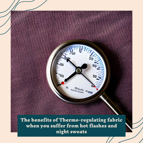 a thermometer on a piece of maroon fabric with text talking about the importance of thermoregulating fabric for night sweats sufferers