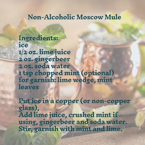 image of a moscow mule dimmed to a lower opacity with ingredients and direction for a non-alcoholic moscow mule 