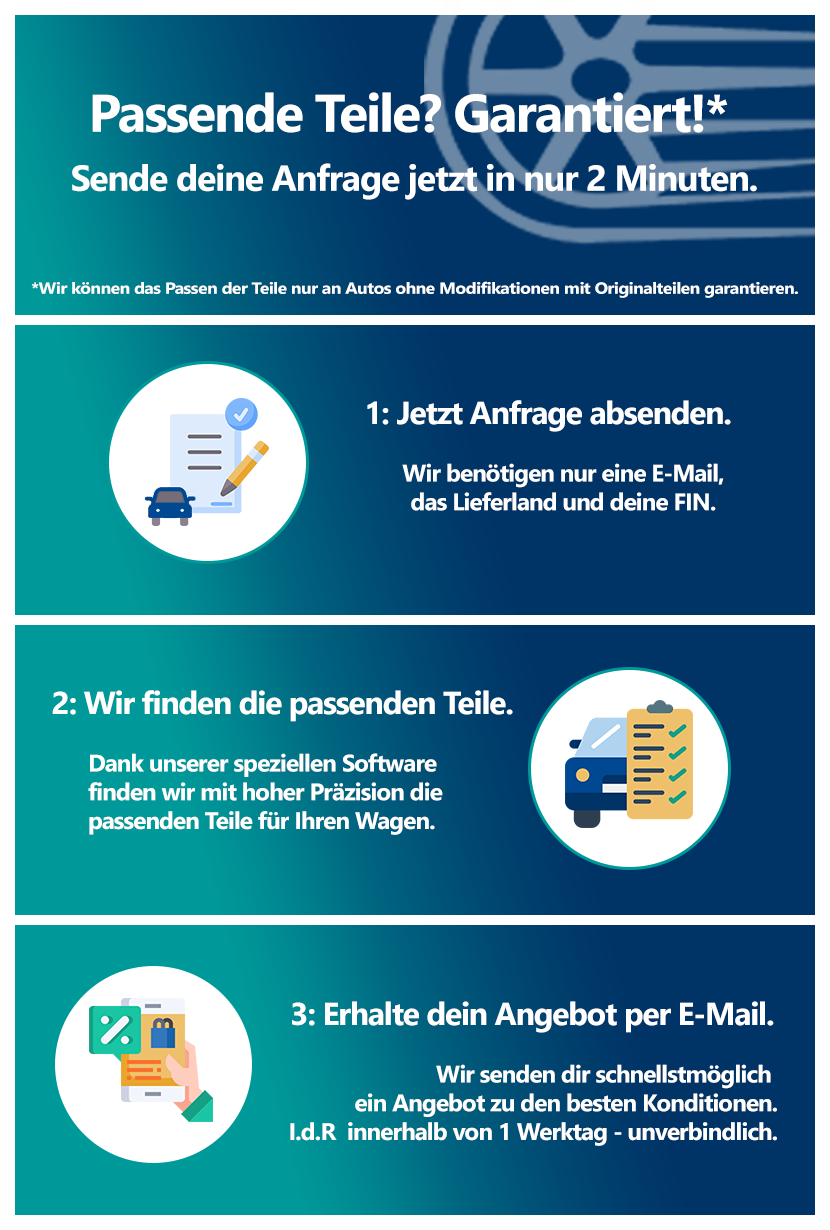 Sende deine Anfrage für passende Teile in 2 Minuten. Sende die Anfrage ab, wir suchen die passenden Autoteile und senden ein Angebot. Beste Konditionen und schnell.