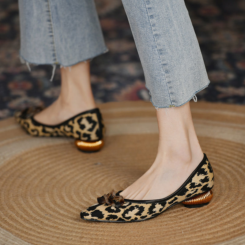 FHANCHU 2022 New Casual Leopard Shoes Woman,Pointed Toe,Women Low Heels,Soft Bottom,Block Low Heels,Slip on,Black,Dropship