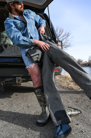 Hopping into a pair of RS Waders in a stylish pair of jorts. 