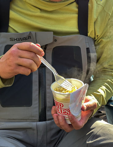 Enjoying warm broth and noodles after a long day of swinging flies for steelhead. 