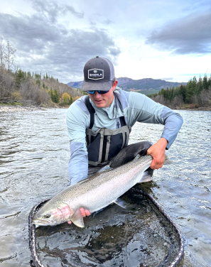 Tim Peterson holding a nice steelhead salmon still showing signs of the salt!