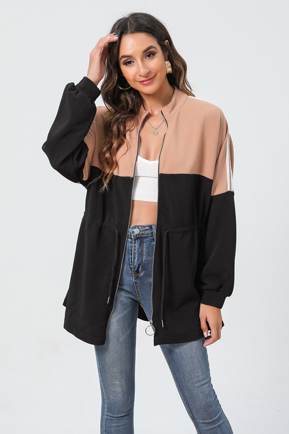 contrast zip up drawstring waist jacket