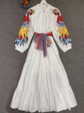 colorful embroidery patchwork o neck lantern sleeve maxi dress