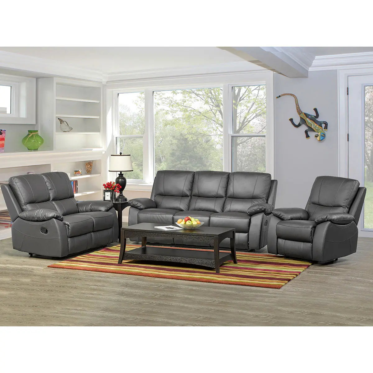 Titus Timeless 3pc Leather Reclining Sofa Set in Charcoal Titus