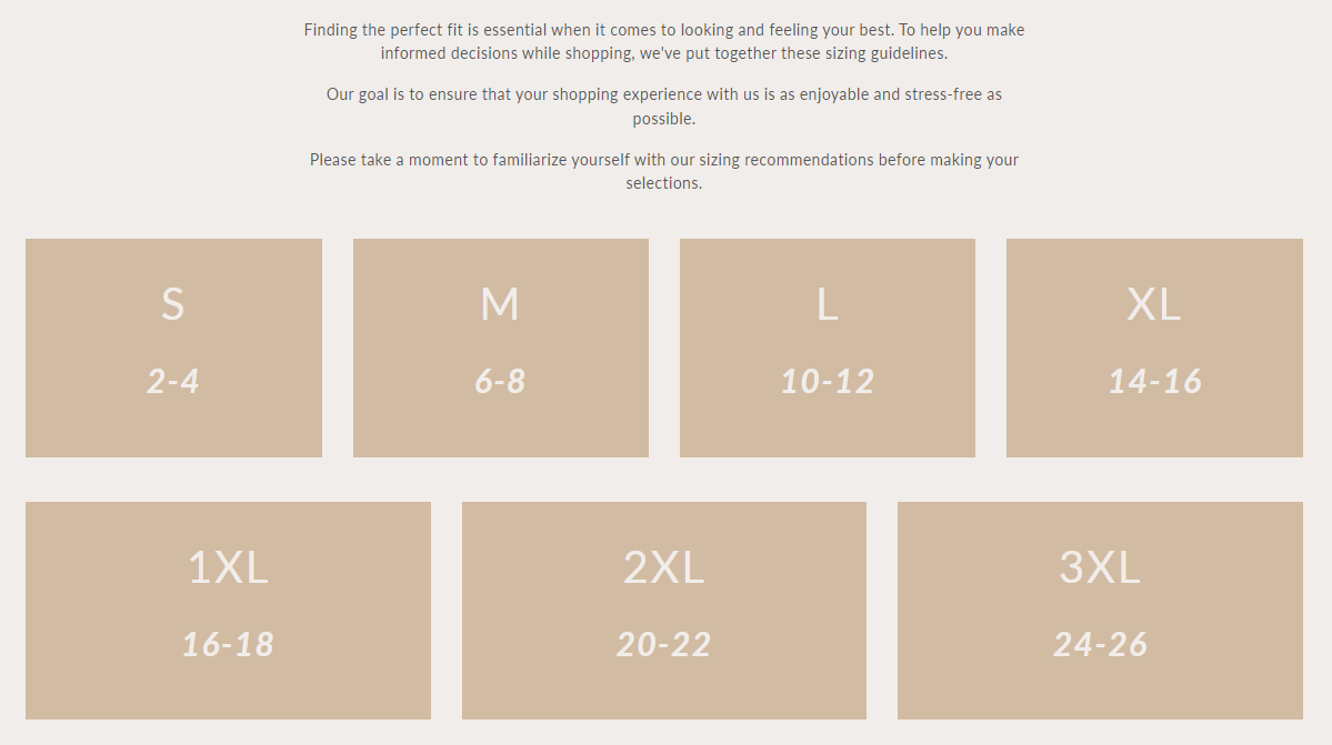 Sizing chart