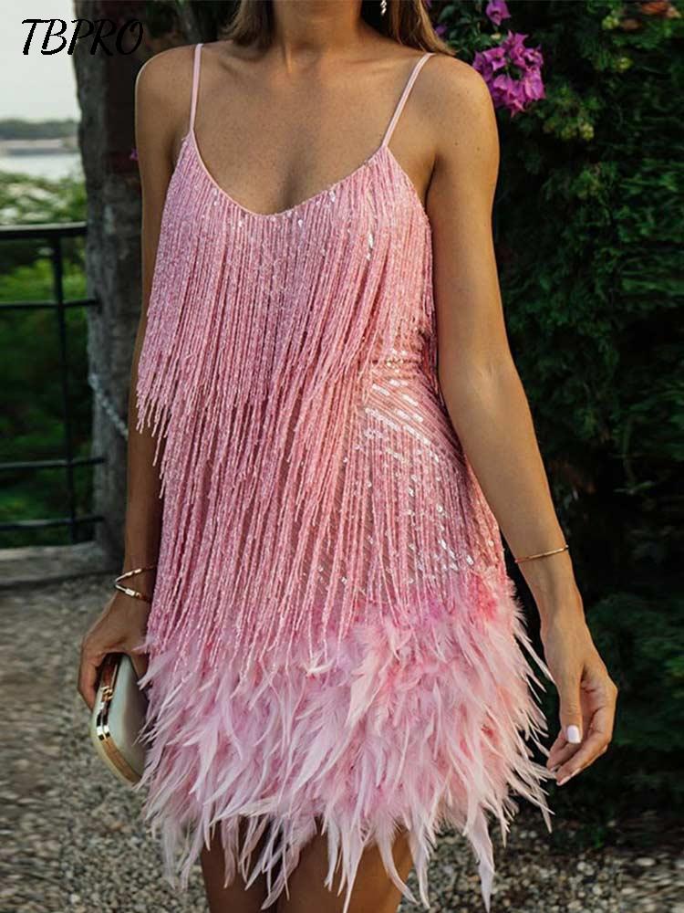 spaghetti strap tassel sequins feather mini dress