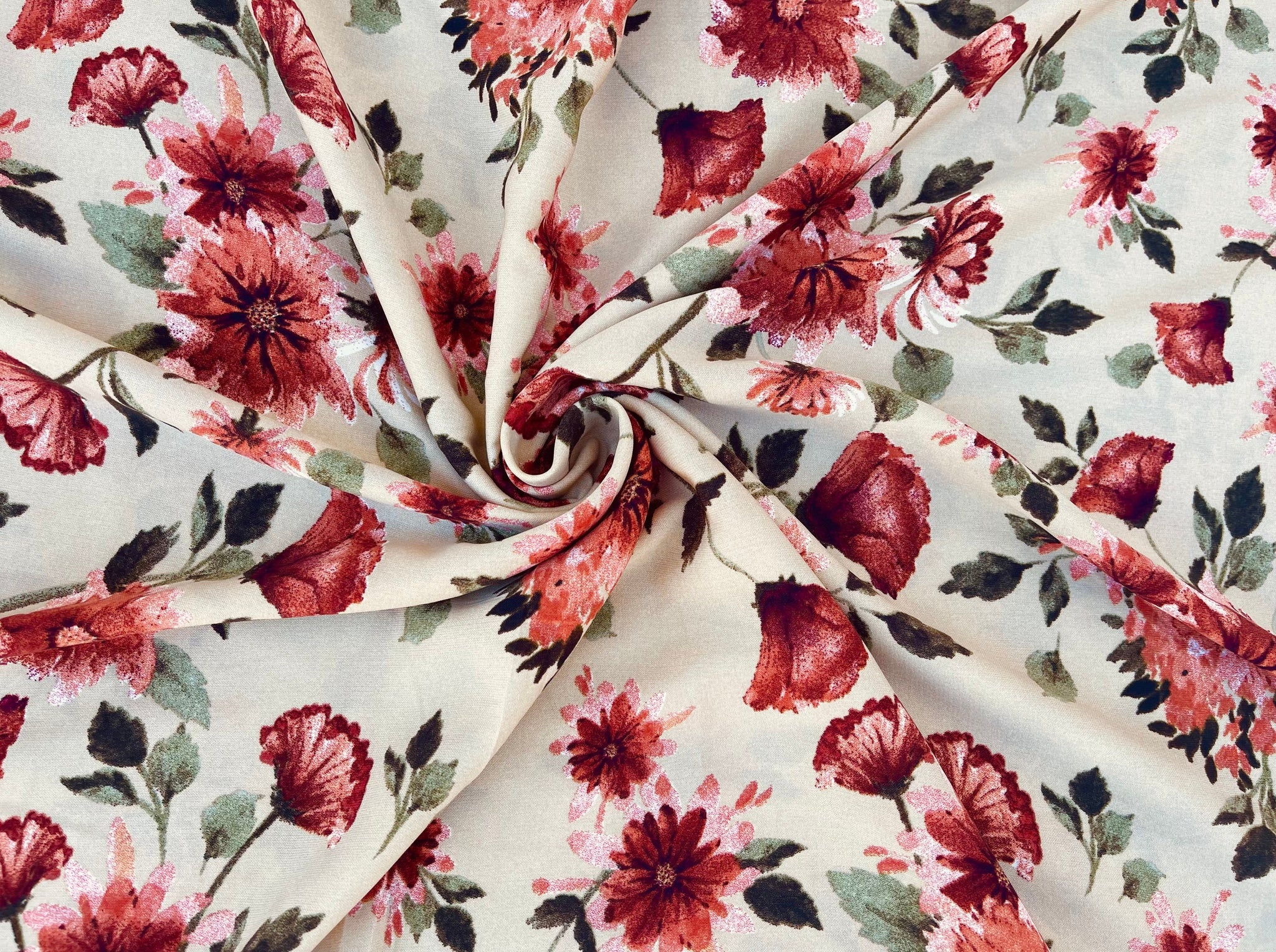 Woolpeach fabric by the yard - Burnt orange and green on taupe floral ...