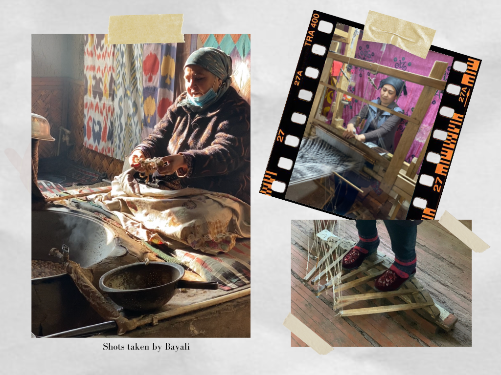 Pictures of Uzbek artisans weaving Ikat silk