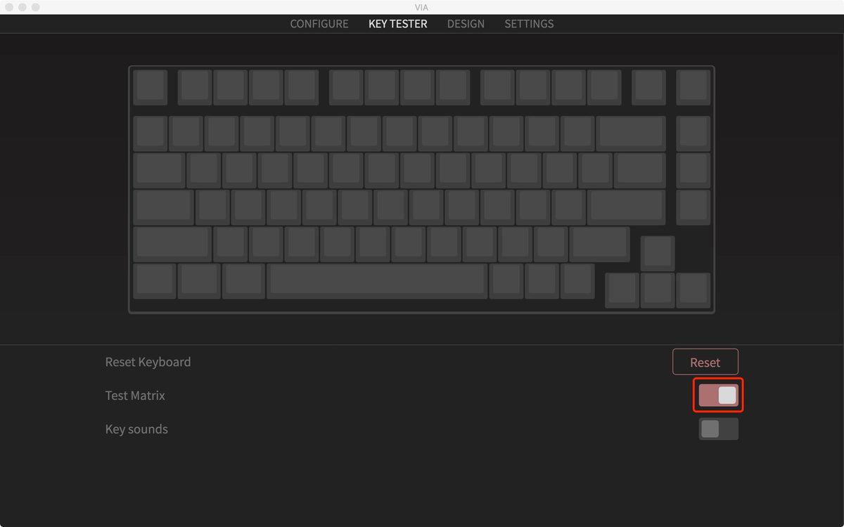 Click on Test Matrix (this is the mode to see if every key works on the keyboard).