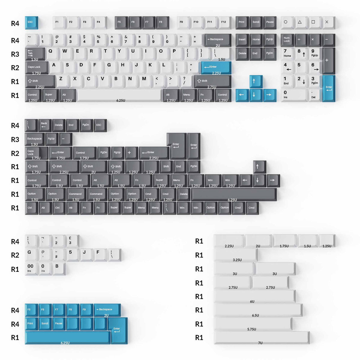 Keychron Double-Shot PBT Cherry Profile Full Set Keycaps - Grey White Blue