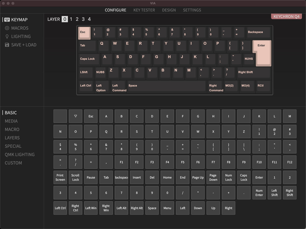 QMK VIA screen capture of Keychron Q4 60% layout mini Custom Mechanical Keyboard